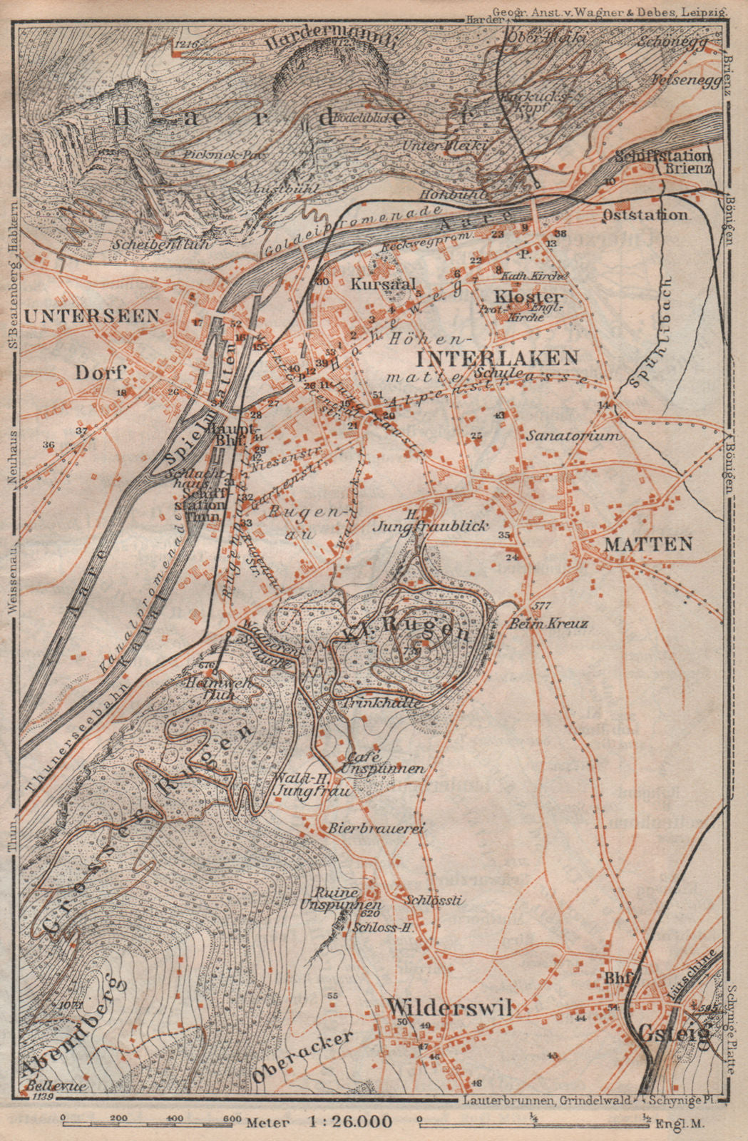 INTERLAKEN ENVIRONS. Unterseen Matten Aarmuhle Wilderswyl. Schweiz 1913 map